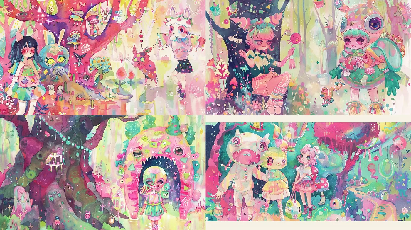 Whimsical Candy-Colored Dreamscape: A Retro-Futuristic Fantasia - Midjourney sref style