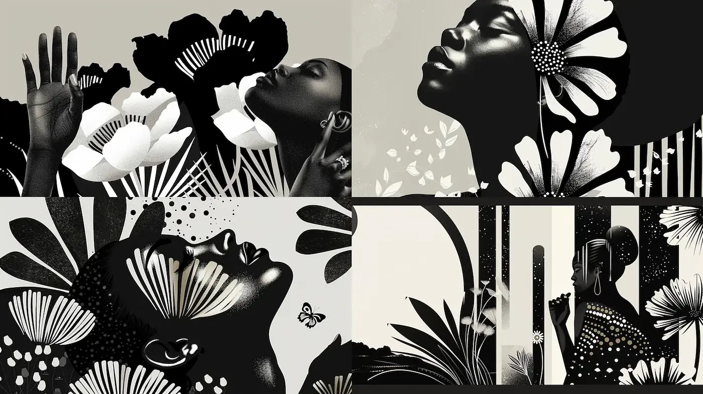 Stylized Black and White Floral Illustrations with Strong Contrast and Expression - Midjourney sref style
