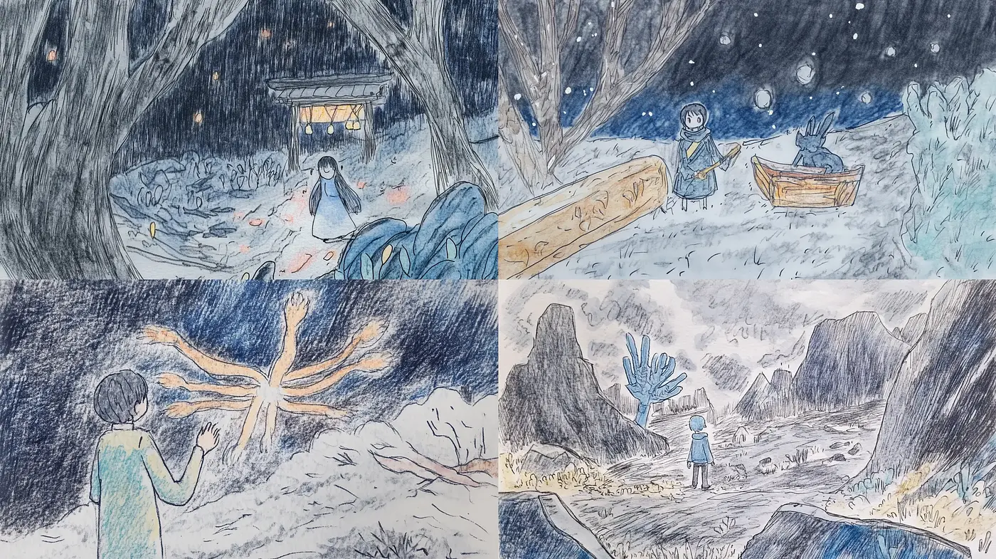 Whimsical Storybook Illustrations with a Melancholic Wash - Midjourney sref style