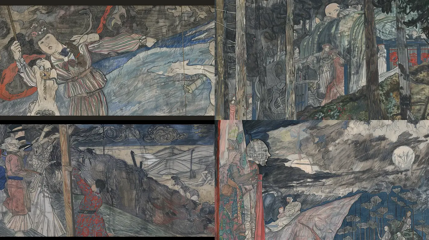 Ethereal Brushwork Symphony in Sombre Tones - Midjourney sref style