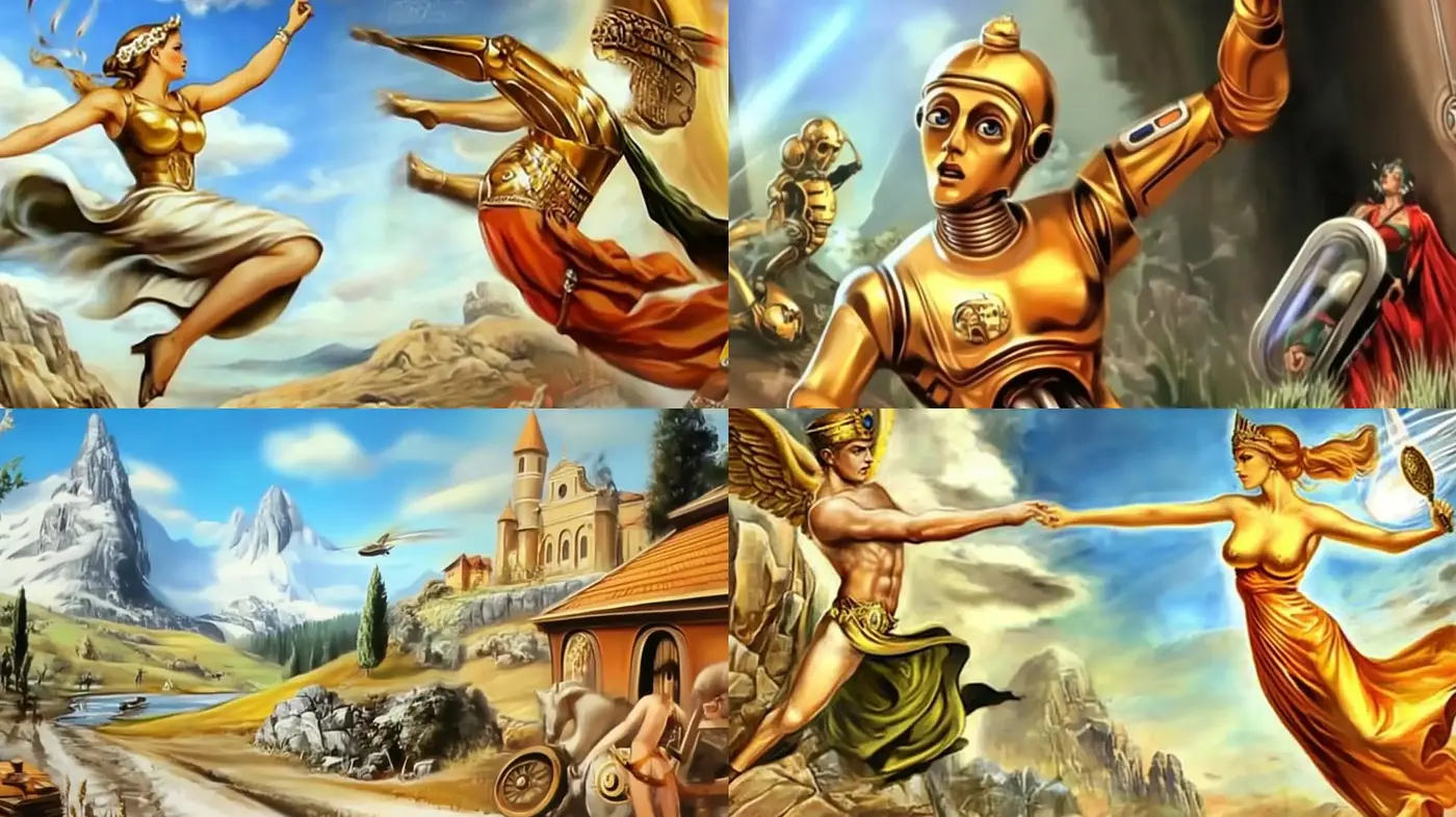 Mythological Ethereal Dreamscape with Steampunk and Classic Art Fusion - Midjourney sref style