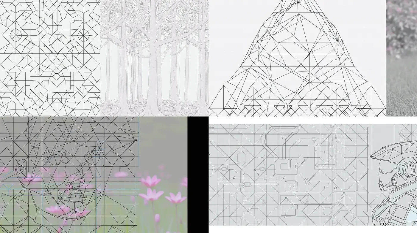 Geometrically Structured Monochrome and Pastel Blends - Midjourney sref style