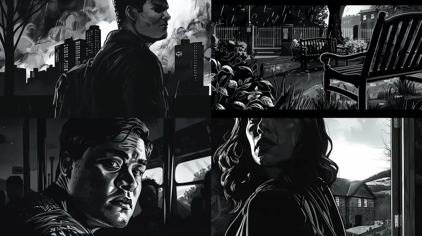 Dynamic and Atmospheric Noir-Style Illustrations with Monochromatic Depth - Midjourney sref style