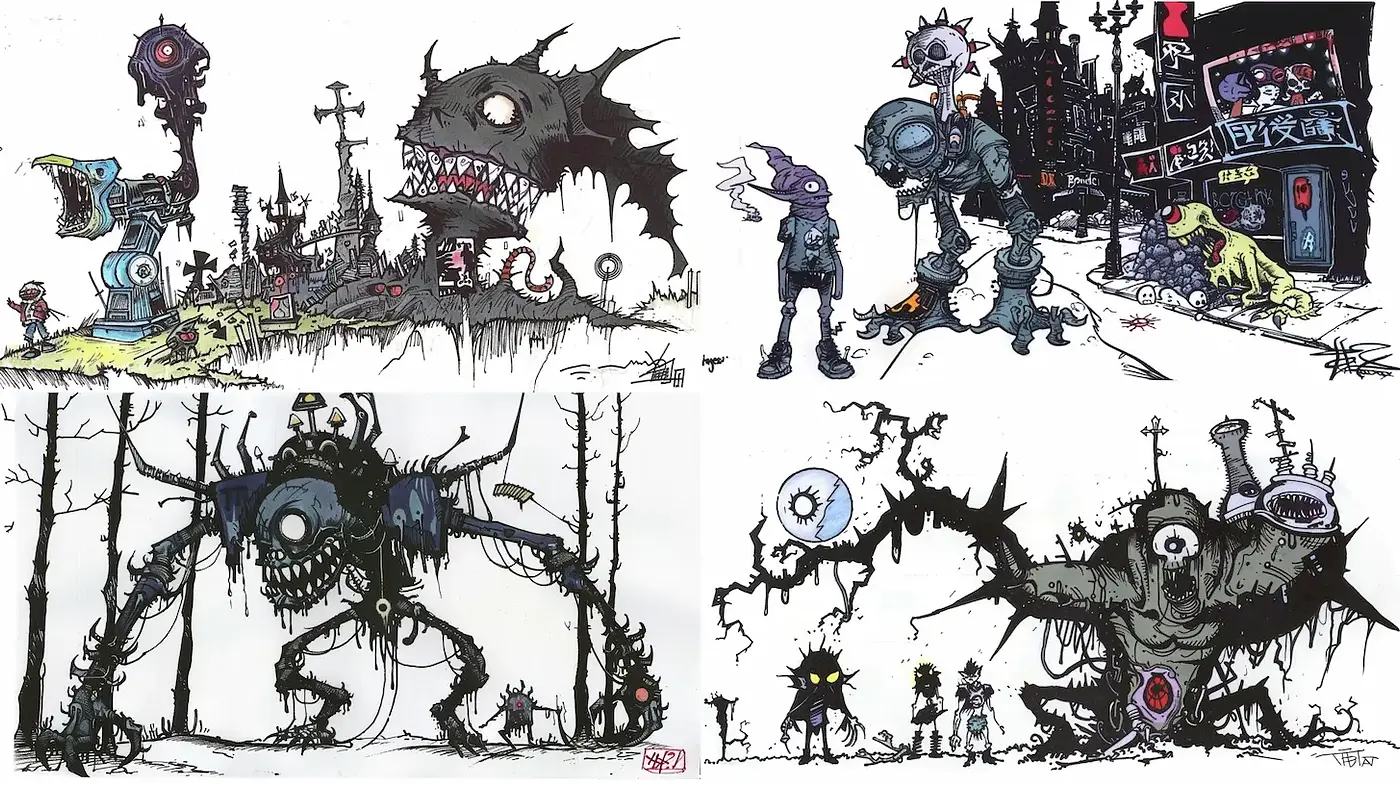 Dark, whimsical illustrations with a surreal edge - Midjourney sref style