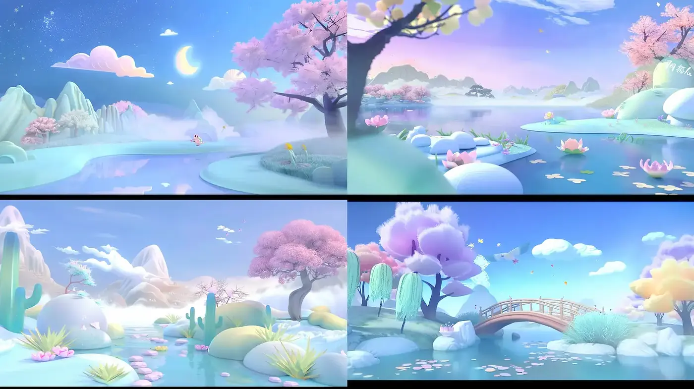 Serene landscape illustrations with harmonious pastel aesthetics - Midjourney sref style