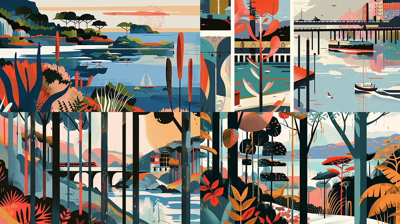 Contemporary Retro-Inspired Landscape Collage - Midjourney sref style