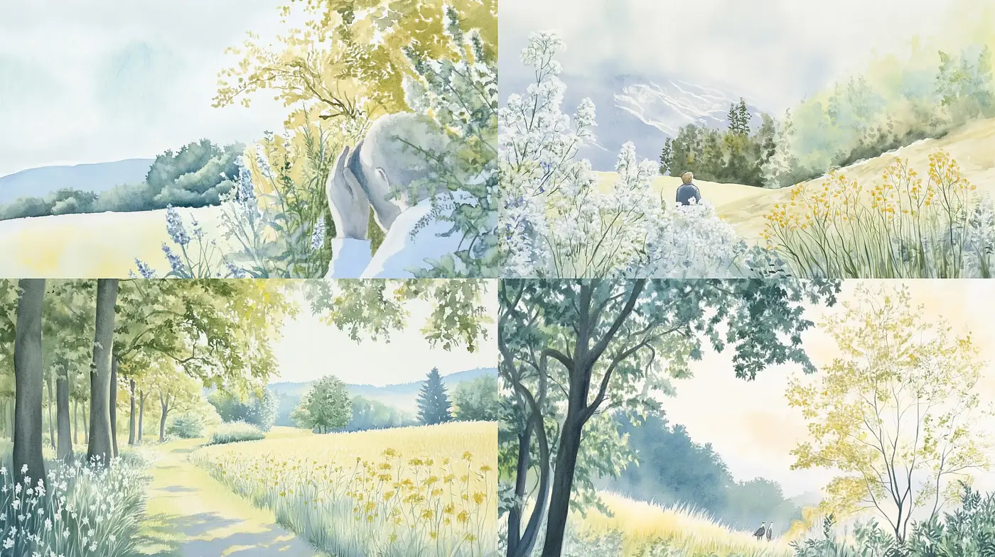 Serene Pastoral Elegance: A Study in Subdued Watercolor Hues - Midjourney sref style