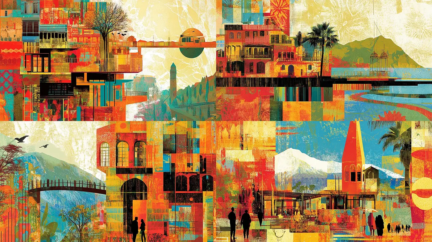 Kaleidoscopic Collage of Urban and Natural Harmony - Midjourney sref style