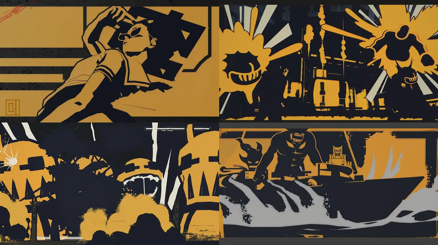 Monochromatic Retro-Futuristic Silhouette Panorama - Midjourney sref style