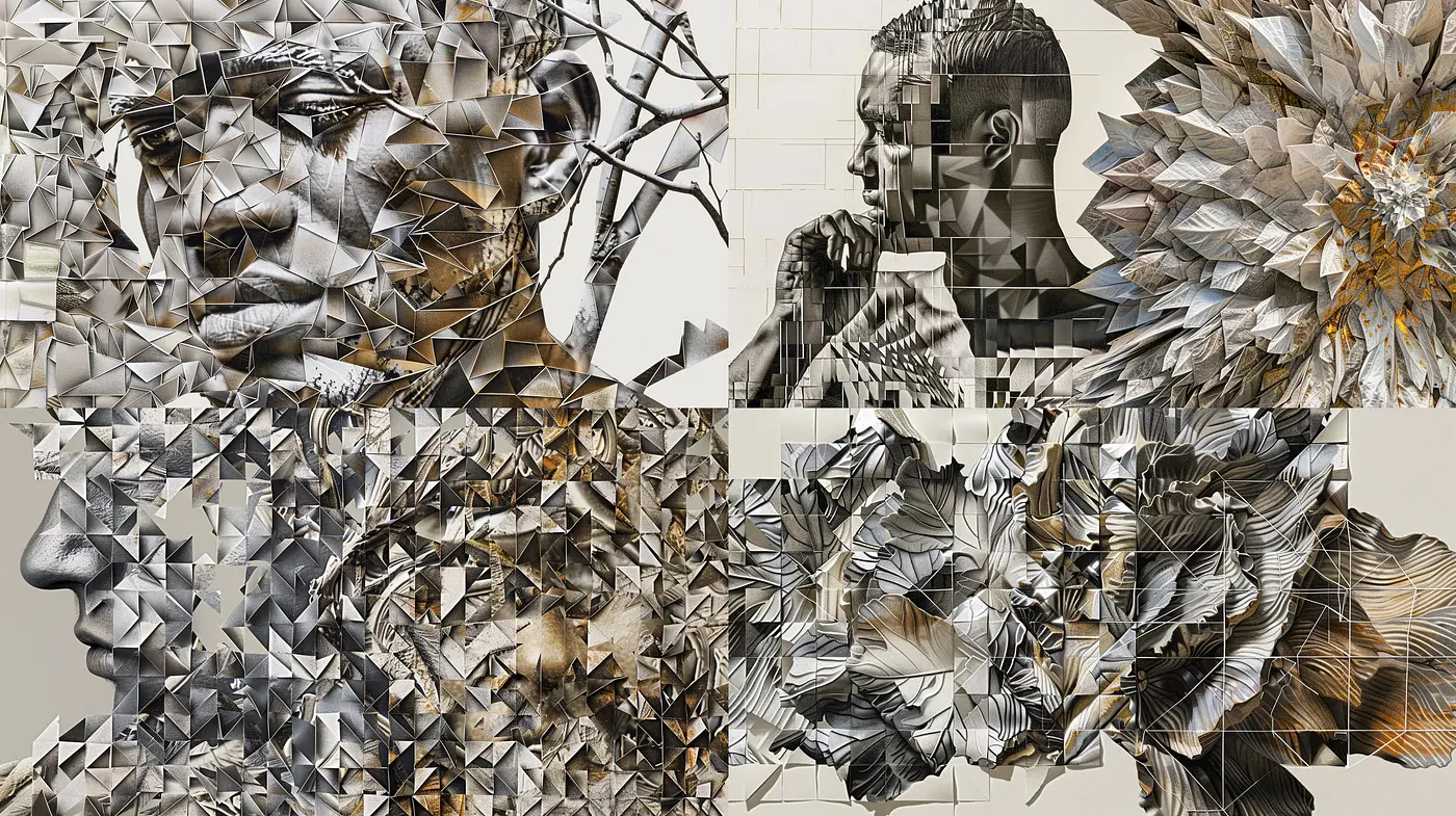 Fragmented Elegance: A Study in Geometric Abstraction and Monochromatic Harmony - Midjourney sref style