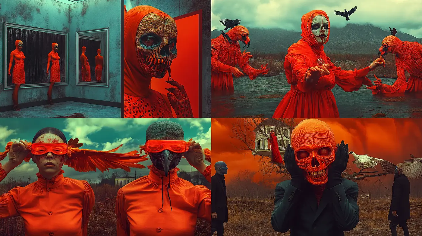 Surreal Crimson Shadows: A Macabre Dance with Dystopian Overtones - Midjourney sref style