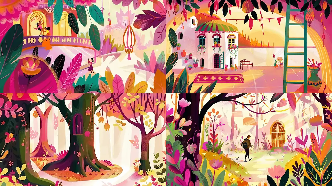 Vibrant and Playful Landscape with Whimsical Elements - Midjourney sref style