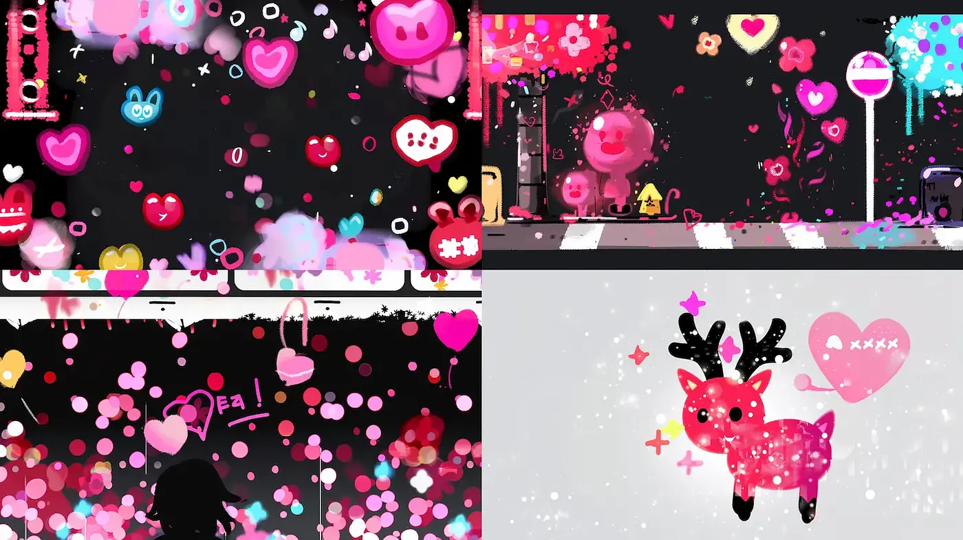 Whimsical, colorful expressions of affection with a playful atmosphere - Midjourney sref style