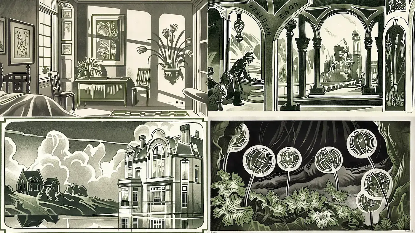 Art Deco Influence with a Vintage Nostalgic Aesthetic Across Varied Scenes - Midjourney sref style