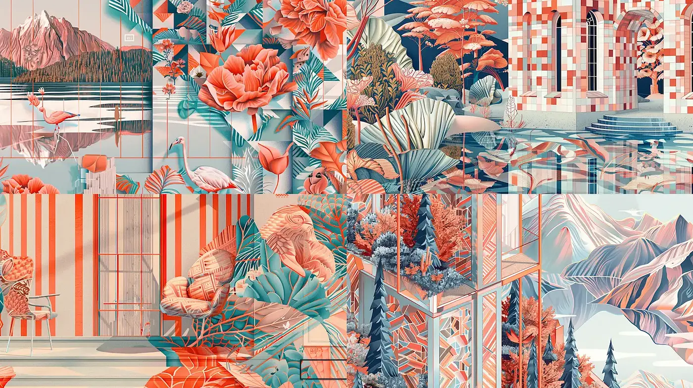 Vibrant geometric landscapes with surreal floral elements and a dreamy atmosphere - Midjourney sref style