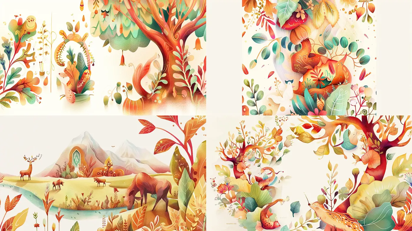 Serene Nature in Harmonious Autumn Hues: A Dreamlike Illustrative Ensemble - Midjourney sref style
