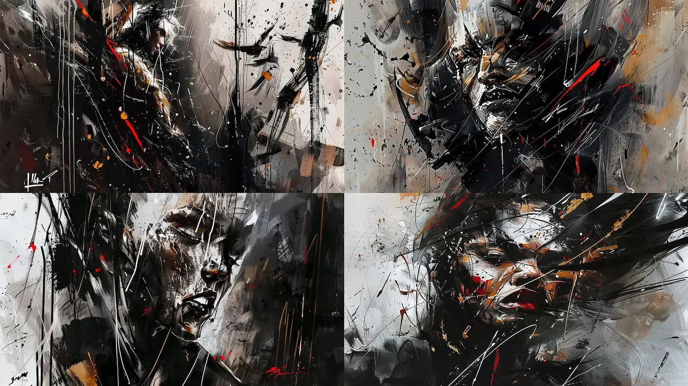 Dynamic and Expressive Abstract Portraits with Dramatic Contrast - Midjourney sref style