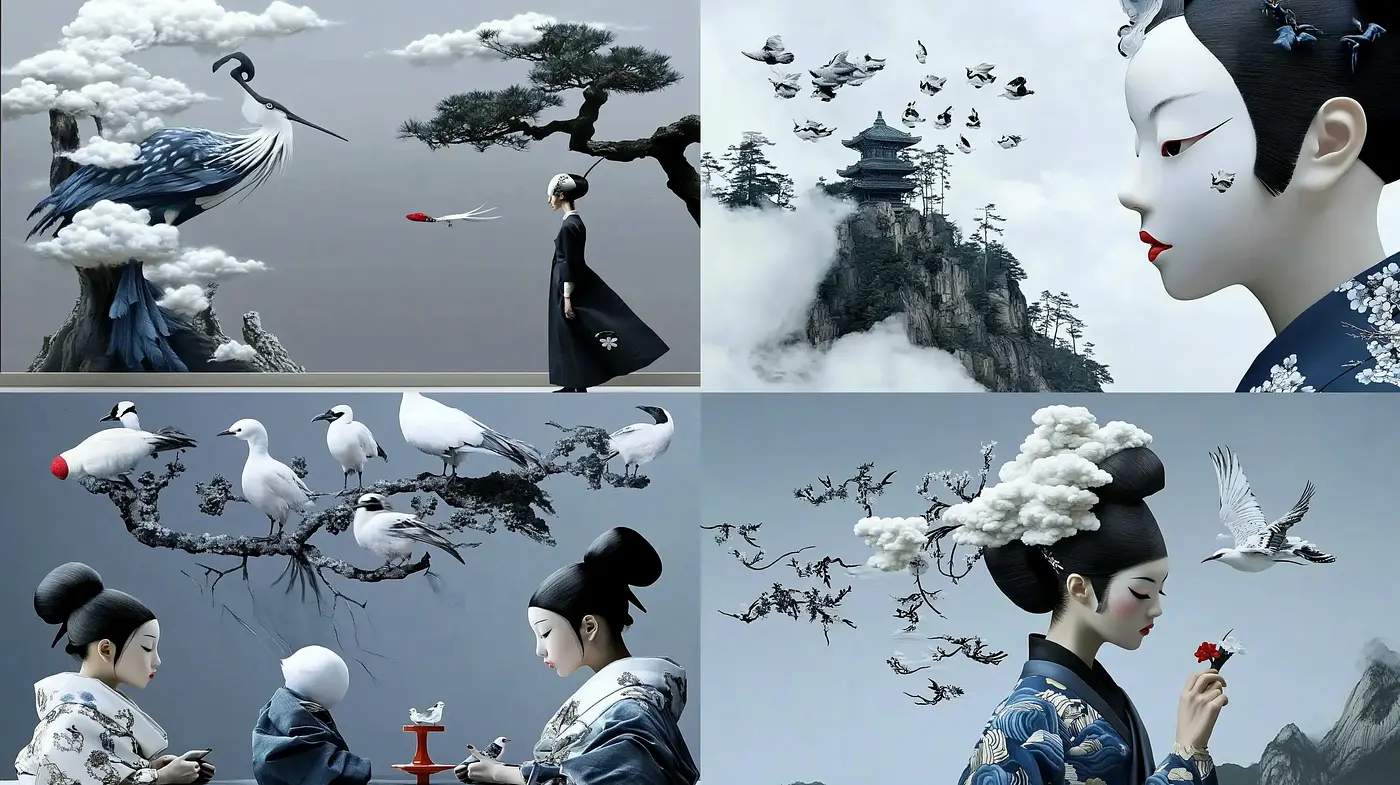 Ethereal Monochrome Serenity: A Synthesis of Far Eastern Artistry and Dreamlike Tranquility - Midjourney sref style