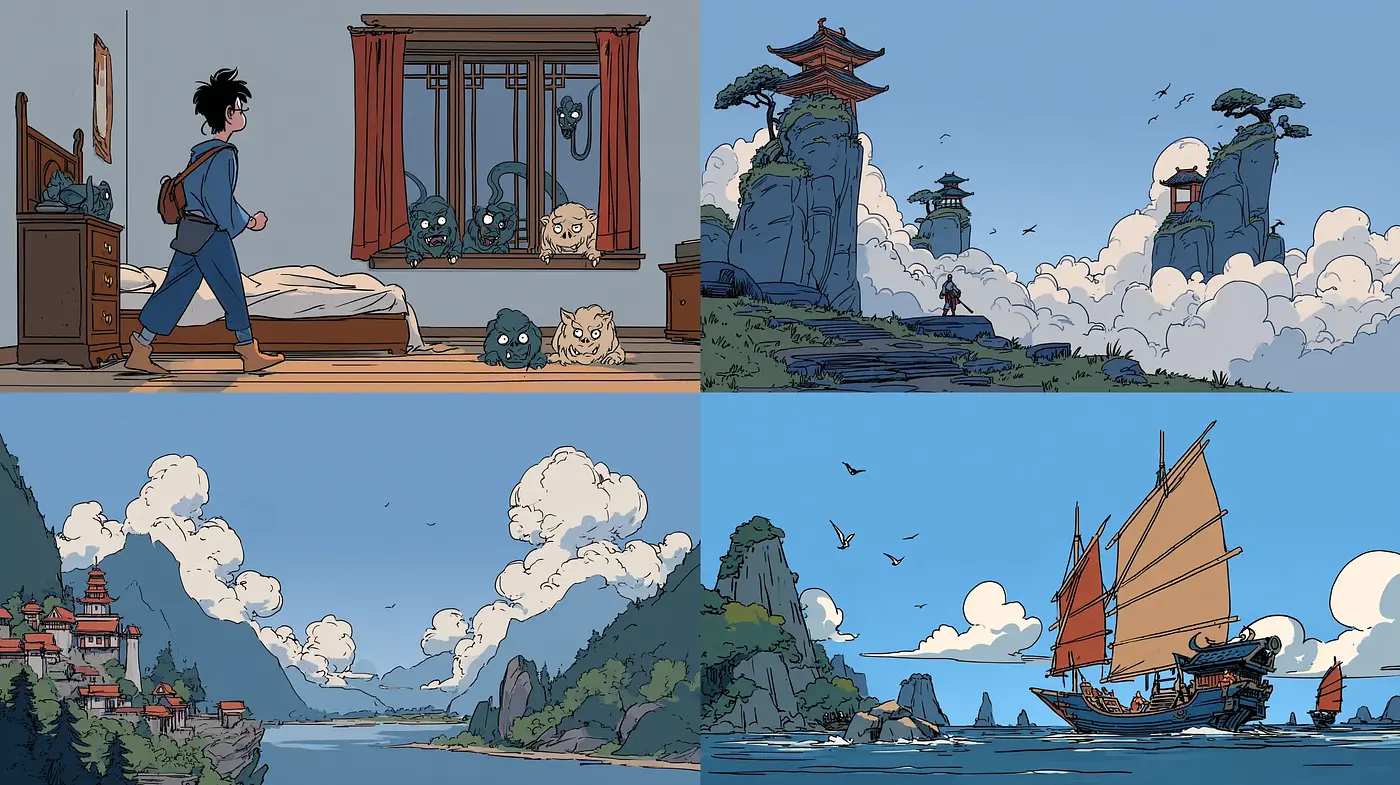 Stylized Illustrative Scenes with Serene Fantasy Elements - Midjourney sref style