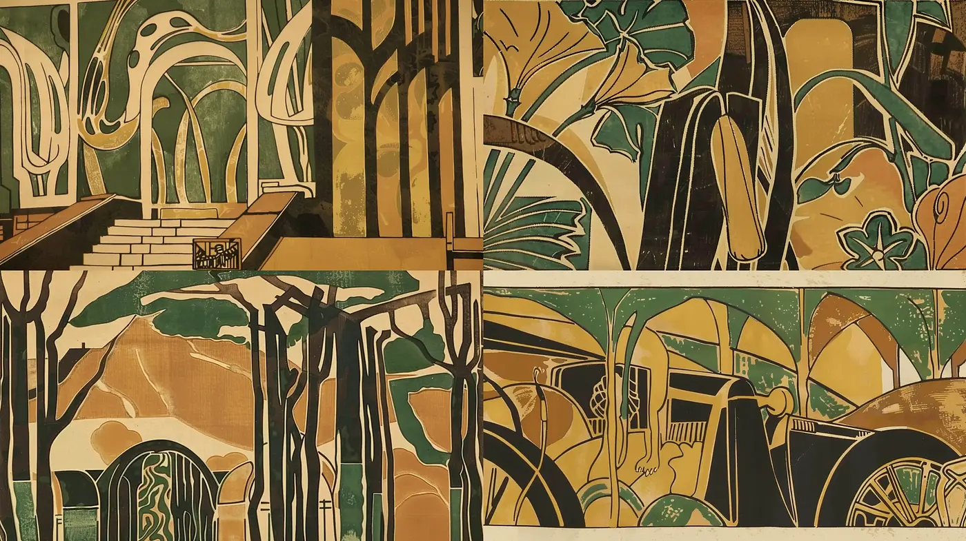 Stylized Art Nouveau Exploration with a Harmonious Earth Tone Palette - Midjourney sref style