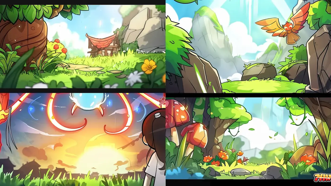 Whimsical and Vibrant Nature Illustrations with Consistent Cartoon Elements - Midjourney sref style