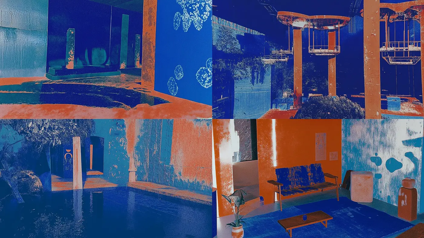 Aqua and Terracotta Dreamscape: A Fusion of Abstract Expressionism and Retro Futurism - Midjourney sref style
