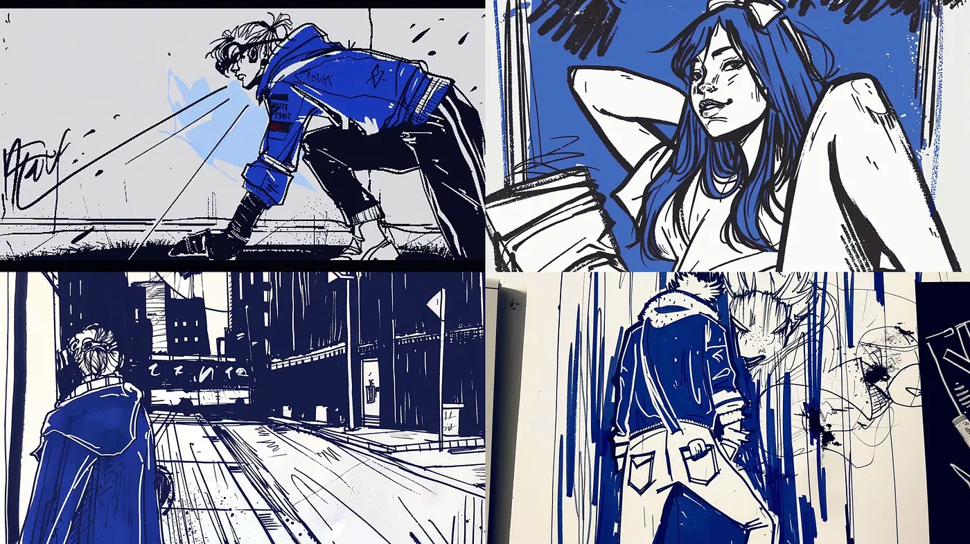 Nocturnal Blues: Exploring Urban Solitude in Monochromatic Sketches - Midjourney sref style