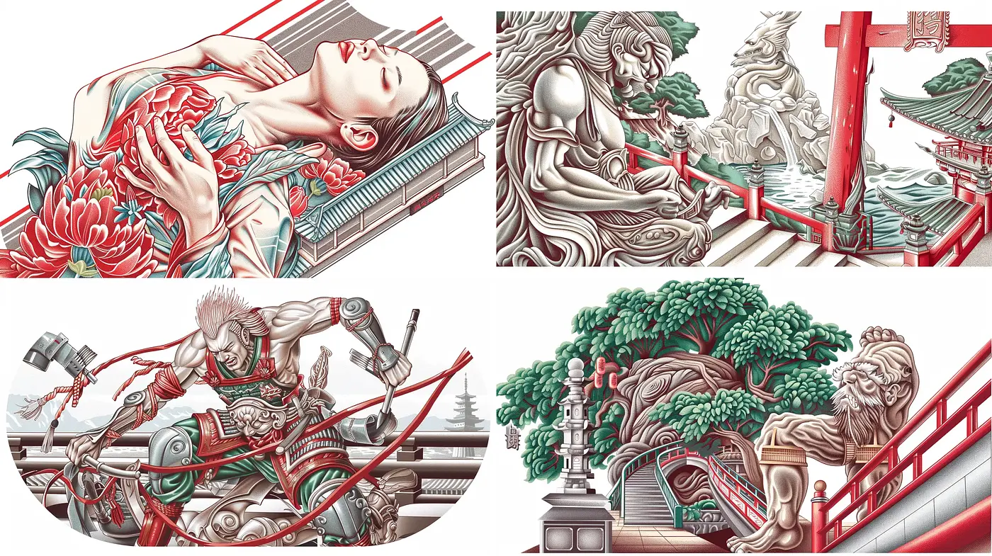 Ukiyo-e Inspired Futuristic Fusion with Red Accents and Metallic Textures - Midjourney sref style
