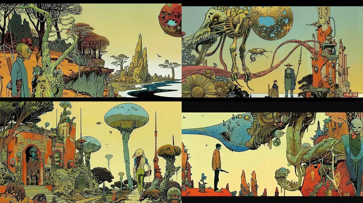 Surreal Futuristic Landscapes with Organic Elements - Midjourney sref style