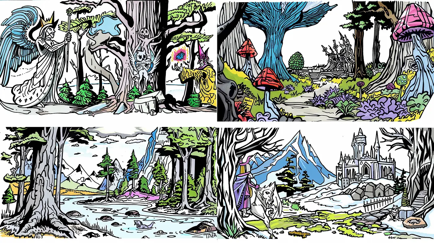 Enchanted Forests and Mythical Castles in Vivid Storybook Illustration Style - Midjourney sref style