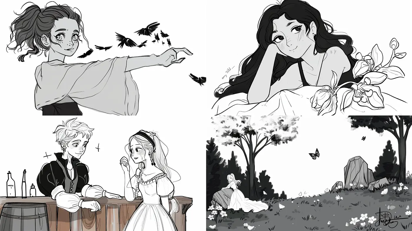 Monochromatic Whimsy: A Stylized Blend of Serenity and Playfulness in Grayscale Illustration - Midjourney sref style