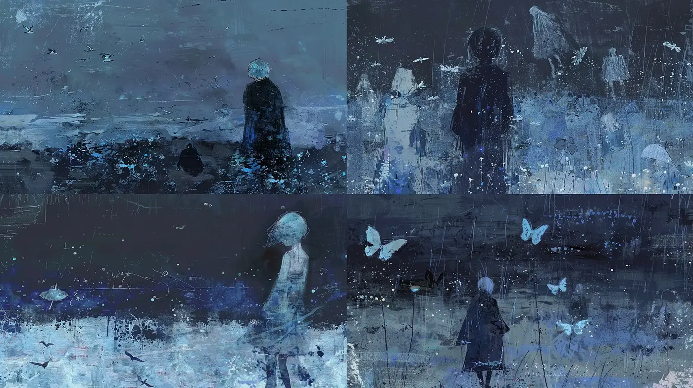 Whimsical Nocturne: An Introspective Dive through Stylized Brushstrokes and Ethereal Tones - Midjourney sref style