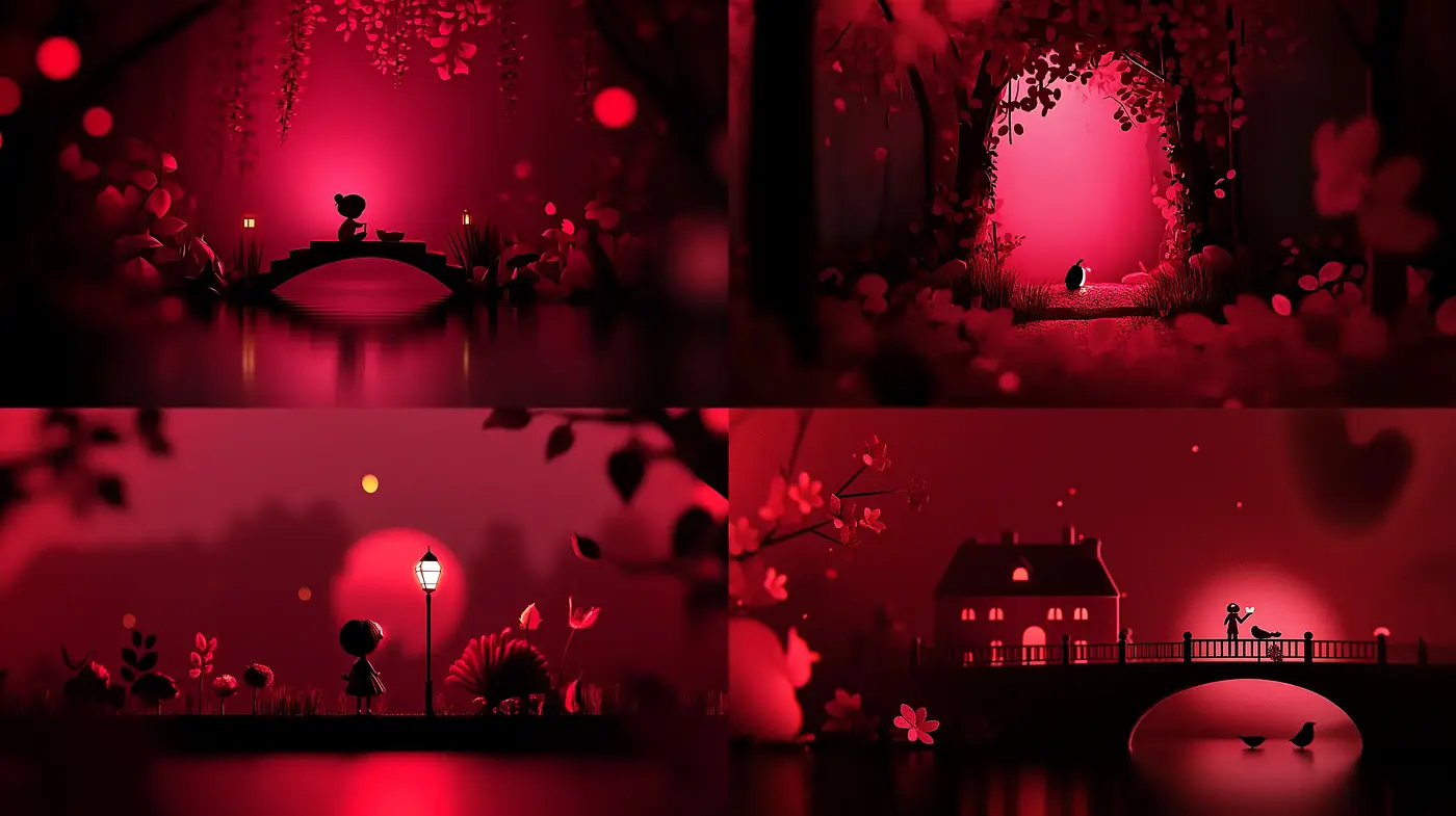 Crimson Silhouettes in Enchanted Twilight - Midjourney sref style