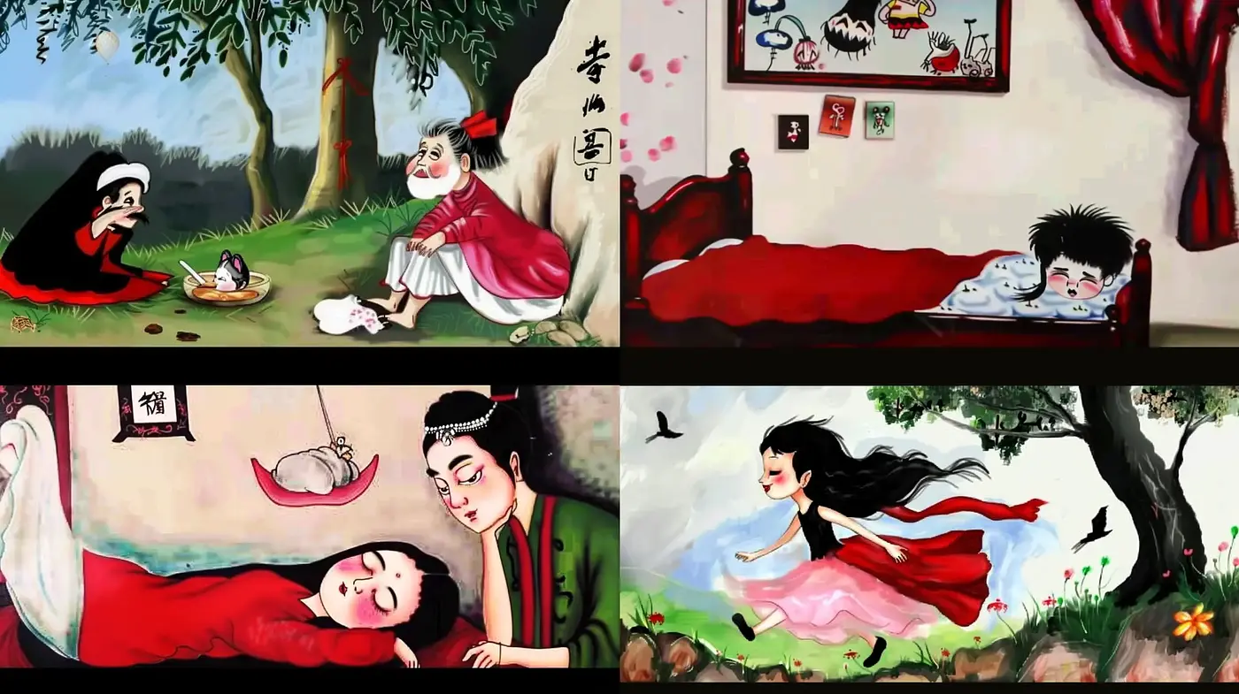 Whimsical Brushstrokes in Stylized Eastern Folklore Scenes - Midjourney sref style