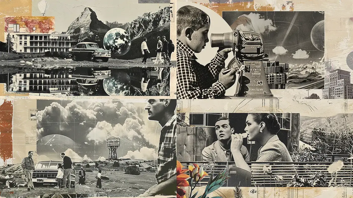 Dynamic Mixed Media Visual Style with a Nostalgic and Surreal Edge - Midjourney sref style