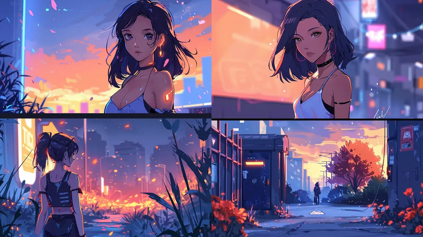 Twilight Hues and Urban Silhouettes: A Homage to Modern Anime Aesthetics - Midjourney sref style