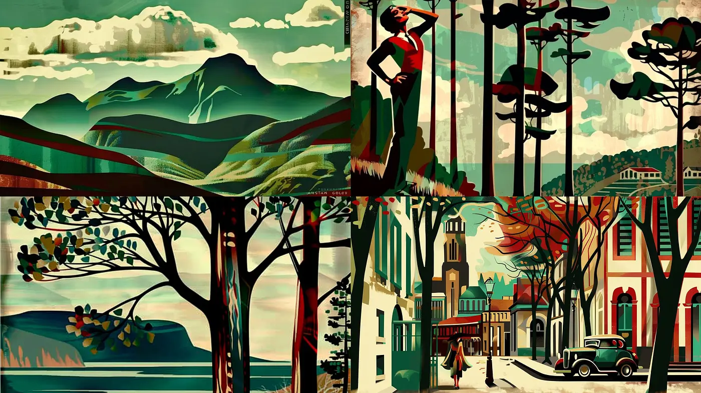 Retro Stylized Panorama: Bold Contours and Earthy Tones - Midjourney sref style