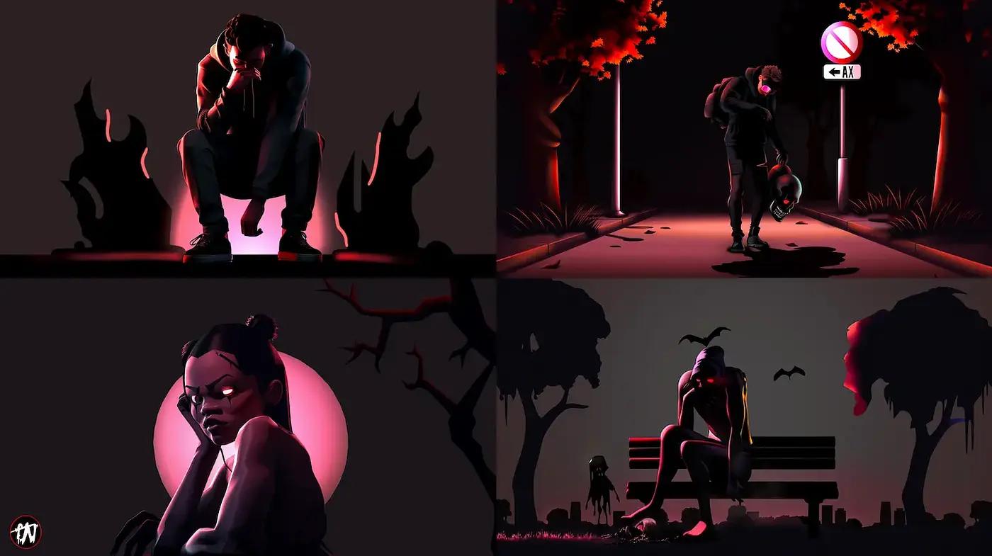 Stylized Illustrations with a Moody, Graphic Aesthetic - Midjourney sref style