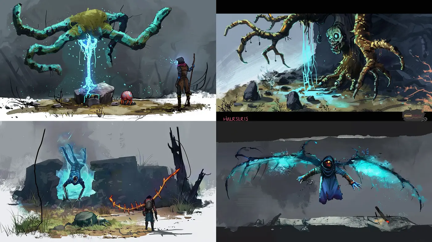 Ethereal Fantasy Artscapes with Muted Earth Tones and Spectral Highlights - Midjourney sref style