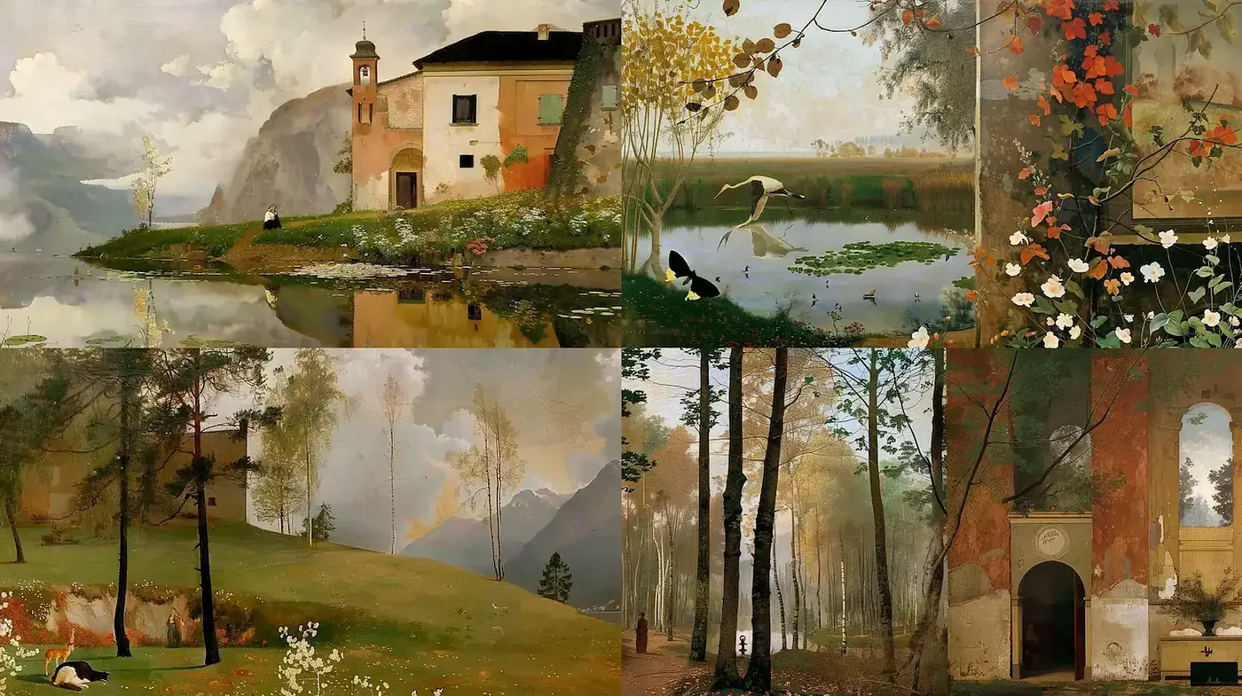 Serene Landscapes with Vintage Painting Influences Conveying Tranquility - Midjourney sref style