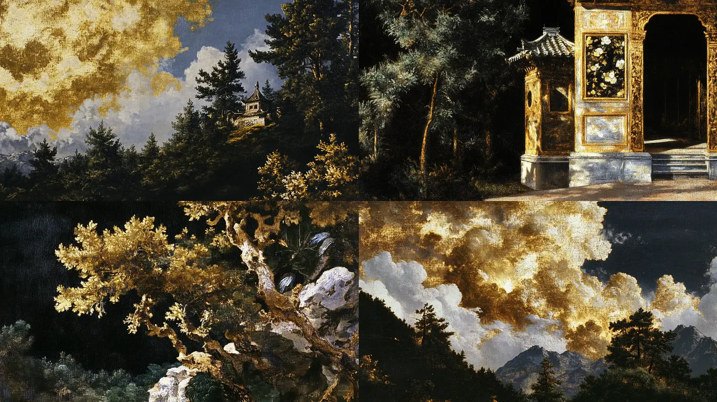 Golden Epoch Dreamscape: A Fusion of Baroque and Romantic Elements - Midjourney sref style