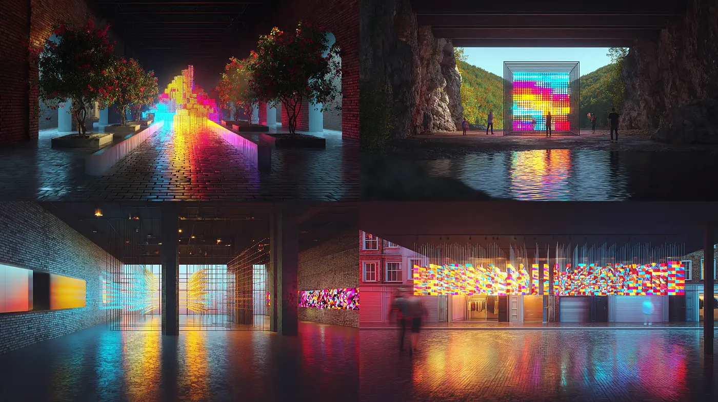 Dynamic and immersive environments with vibrant light displays - Midjourney sref style