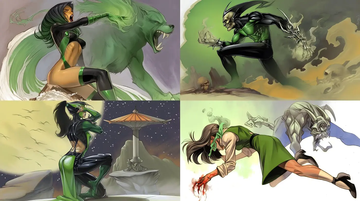 Dynamic Superheroine Showdown in Vivid Comic Illustration Style - Midjourney sref style