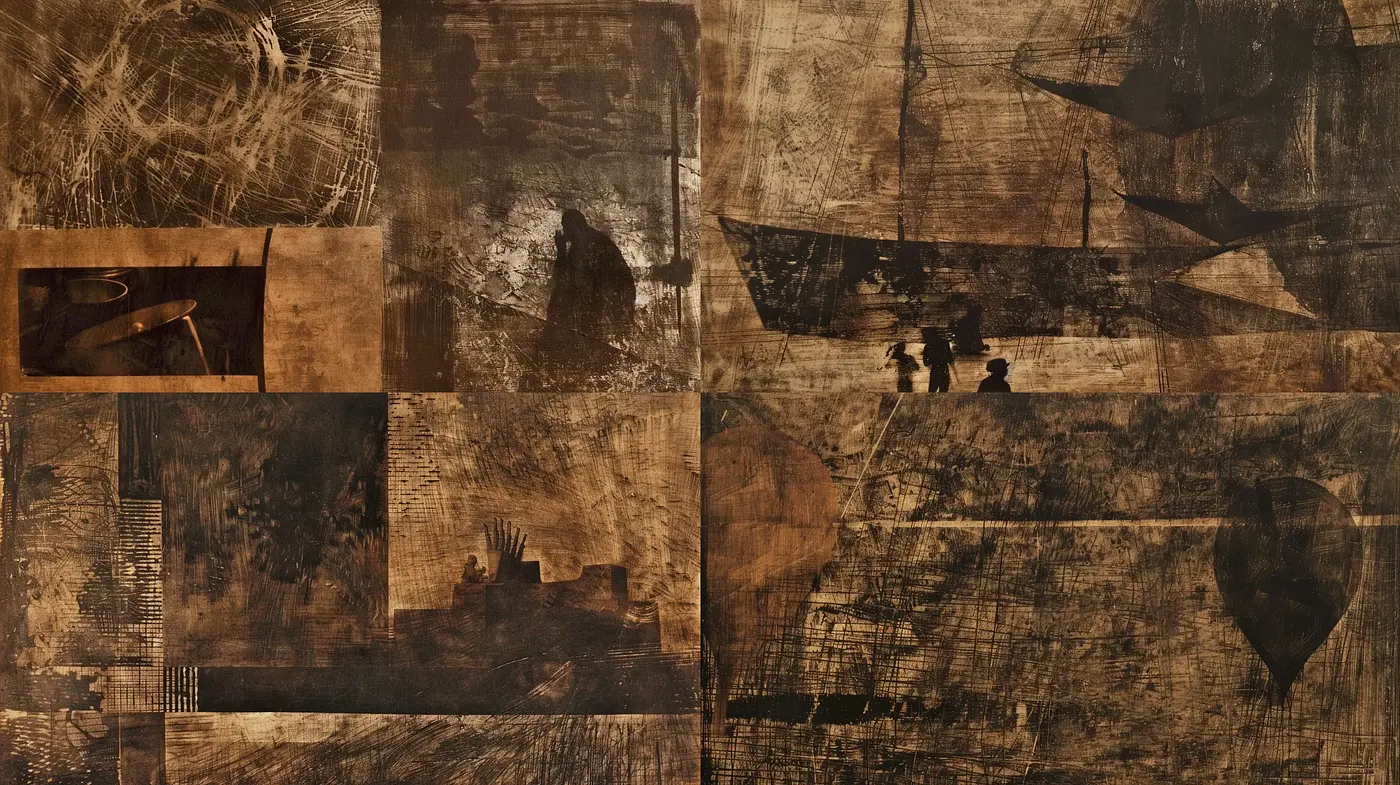 Aged Parchment Textures with Sepia Overtones and Abstract Forms - Midjourney sref style