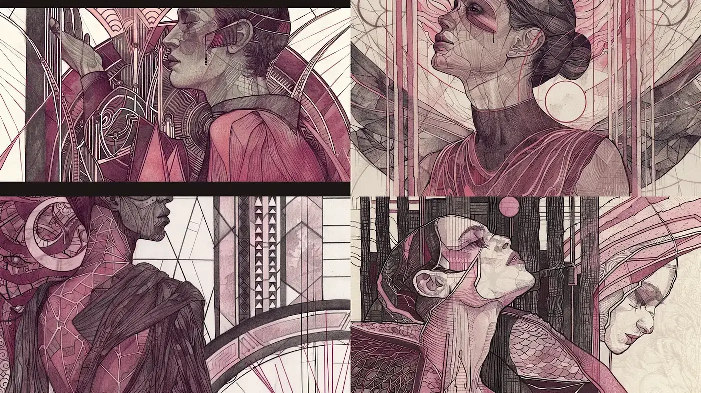 Ethereal Elegance in Linear Hues: A Fusion of Architectural Grace and Delicate Human Forms - Midjourney sref style