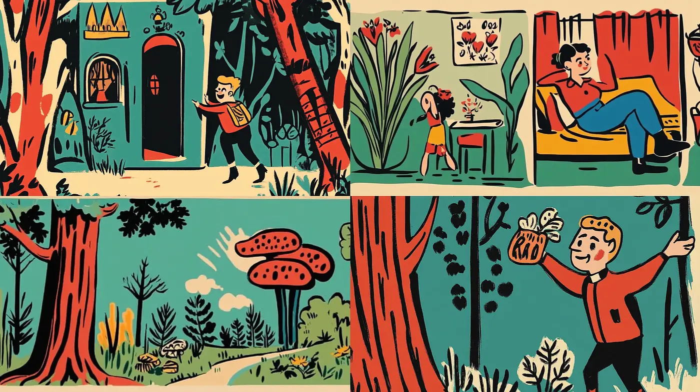 Retro Animated Enchantment with a Mid-Century Graphic Novel Flair - Midjourney sref style