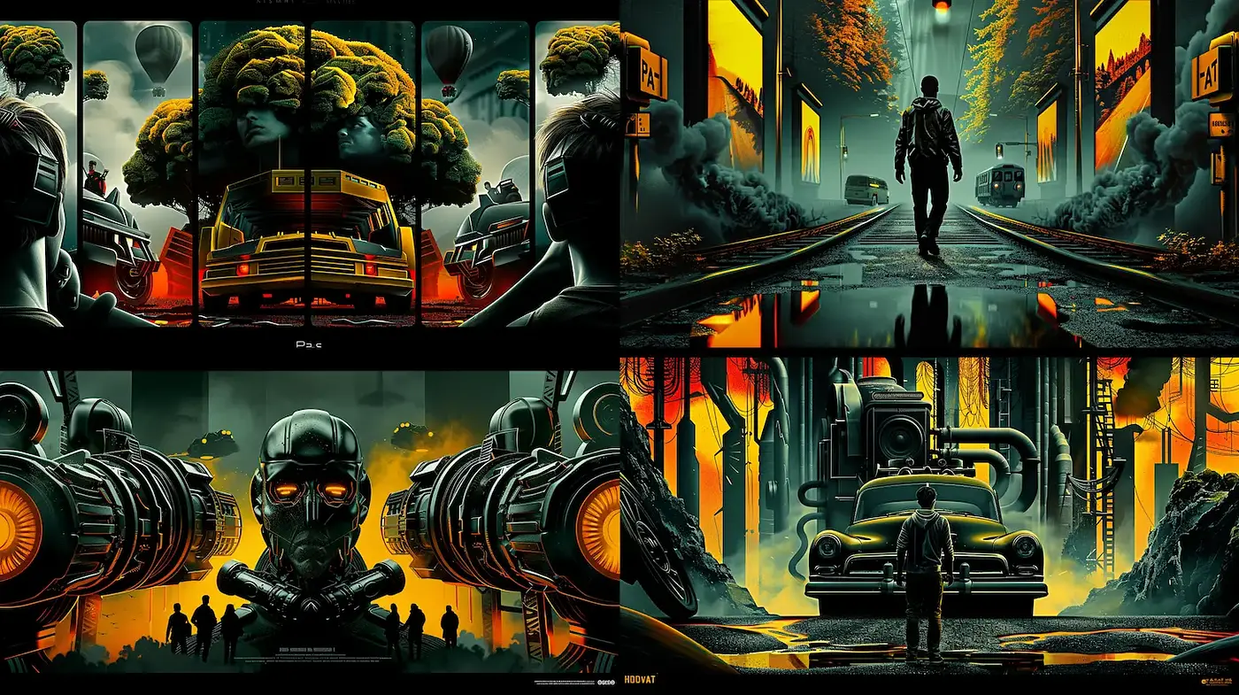 Futuristic dystopian scenes with dramatic lighting and intricate detailing - Midjourney sref style