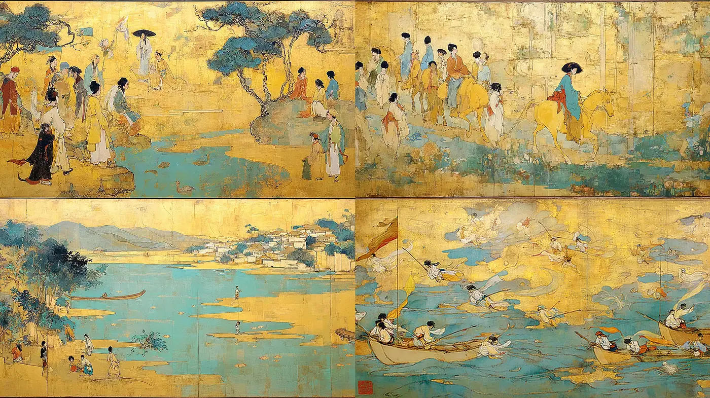 Serene Harmony in Traditional East Asian Art with a Gold Leaf Influence - Midjourney sref style