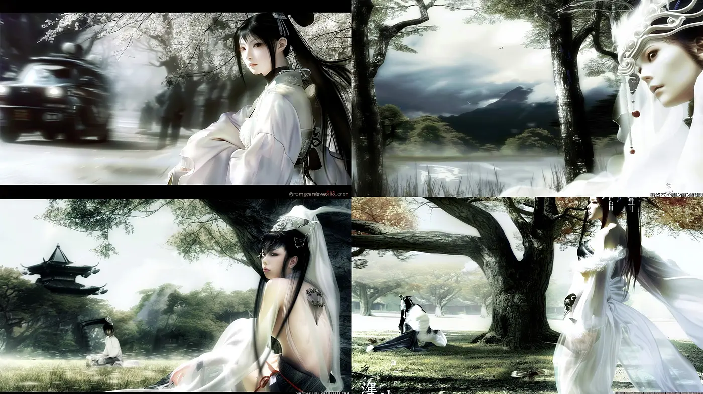 Ethereal Monochrome Dreamscape with Pops of Vitality - Midjourney sref style