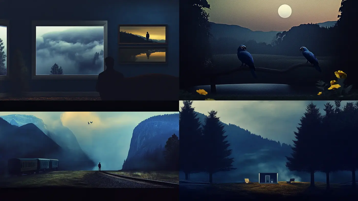 Twilight Serenity: A Consistent Nocturnal Mood Across Varied Landscapes - Midjourney sref style